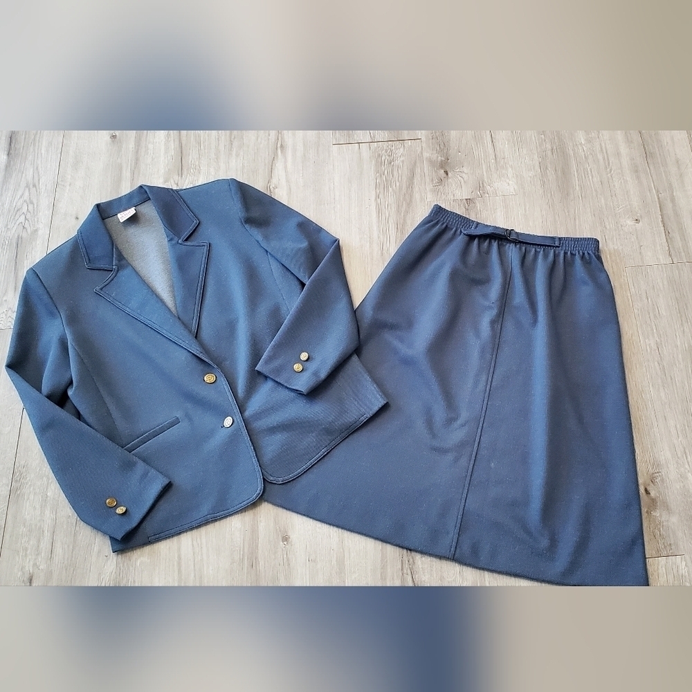 Vintage Graff Skirtsuit Blue 2 Piece Blazer Jacket & Midi Skirt Set Size 4